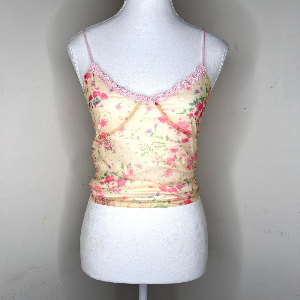Y2K Floral Lace Trim Babydoll Cami Tank Top Sheer Mesh Dainty Fairy Skinny Strap